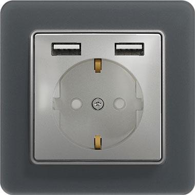 Sedna outlet with double USB charger (aluminium insert, smoke matte frame)